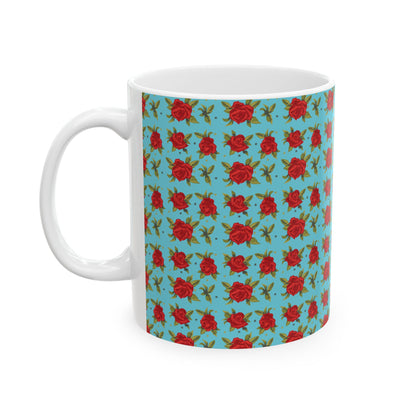 Ceramic Mug - Arabic Traditional Floral Pattern (Cyan)