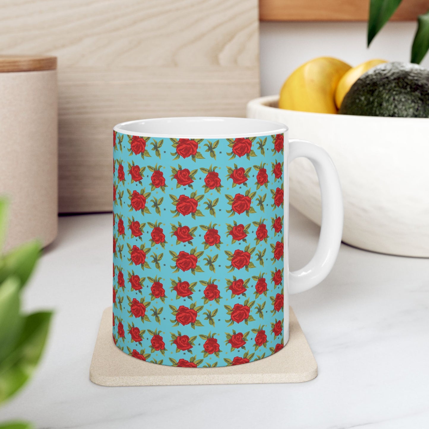 Ceramic Mug - Arabic Traditional Floral Pattern (Cyan)